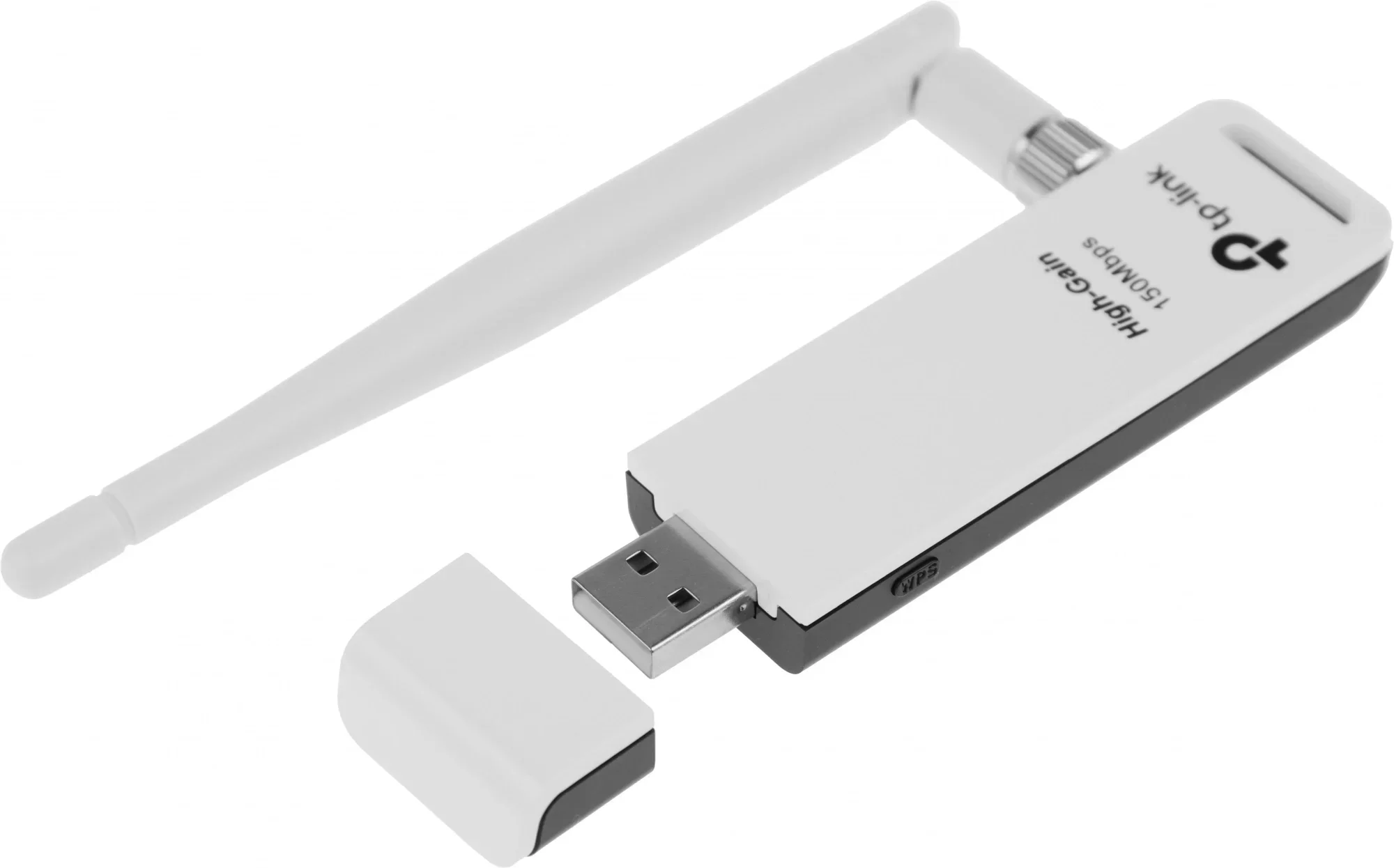 TP-Link 150Mbps High Gain Wi-Fi USB Adapter. SPEED: 150 Mbps at 2.4 GHz. SPEC: 1× High Gian External Antenna, USB 2.0. FEATURE: WPS Button (WN722N)