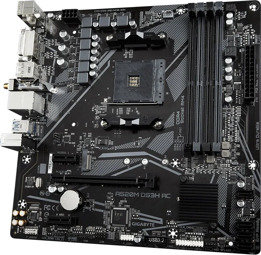 Материнская плата Gigabyte A520M DS3H AC, AM4, AMD A520, 4xDDR4, 4xSATA, 1xM.2, 1xPCIe 3.0 x16, 2xPCIe x1, 1xHDMI, 1xDP, 1xDVI-D, 1x 1Gb LAN, Wi-Fi, Bluetooth, 4xUSB-A 3.2 Gen 1, 2xUSB-A 2.0, 3x3.5 мм, 7.1, mATX