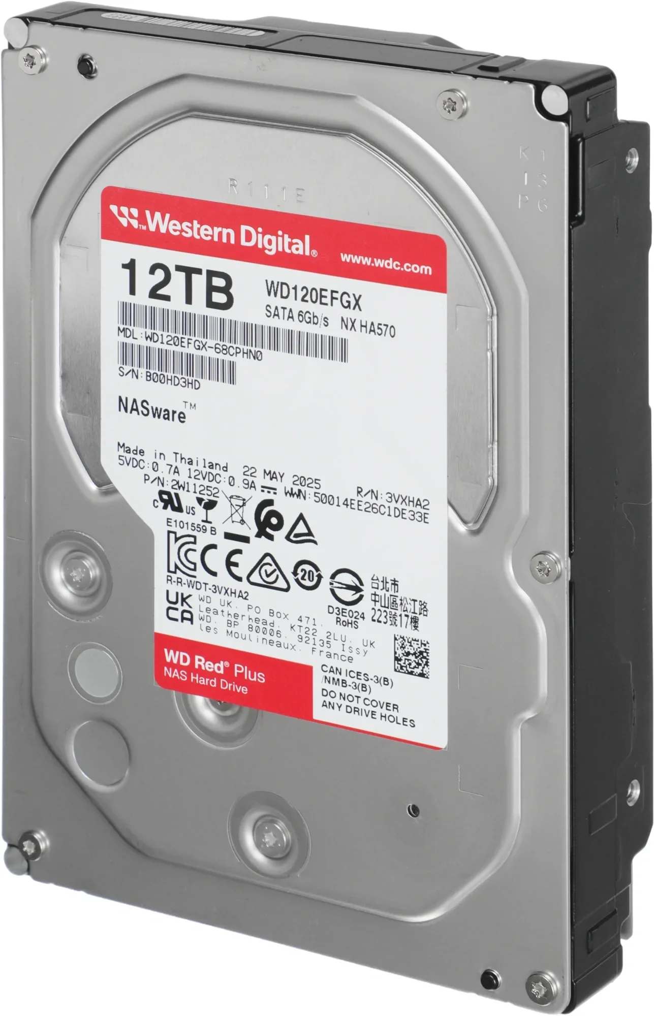 Диск HDD Western Digital - Red Plus, для системы хранения, SATA, 6 Гб/с, 3.5", 12 ТБ, 7200 rpm, 512MB, WD120EFGX