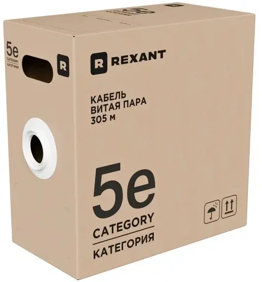 01-0043-R Кабель витая пара U/UTP, CAT 5e, PVC, 4PR, 24AWG, INDOOR, SOLID,  серый,  305м,  РФ REXANT