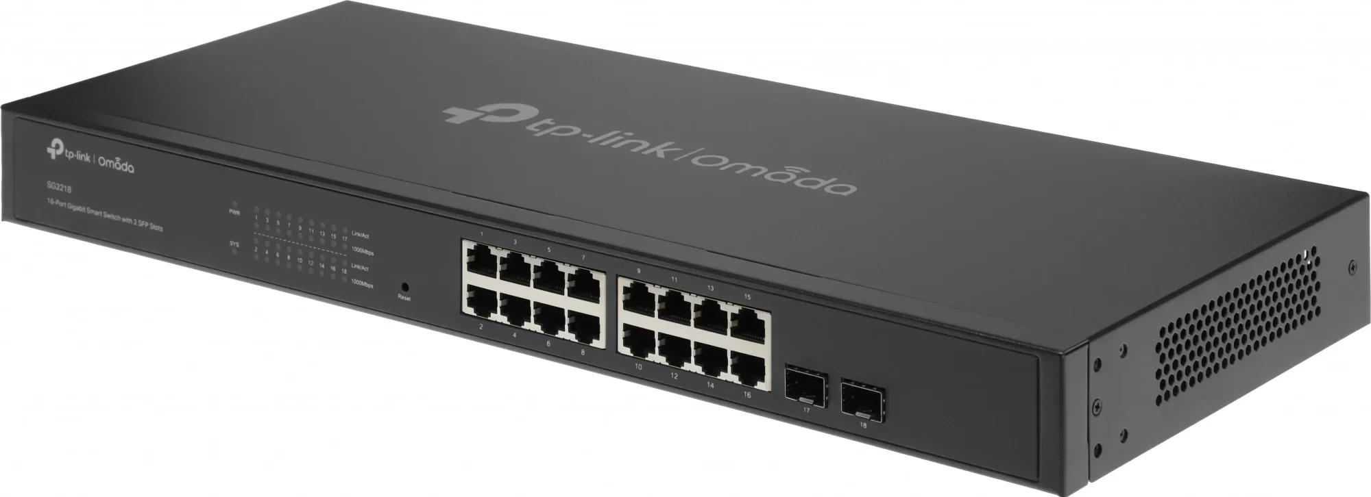 Коммутатор TP-LINK TL-SG2218 JetStream Smart коммутатор на 16 гигабитных портов и 2 гигабитных uplink-порта, 16 портов RJ-45 10/100/1000 Мбит/с, 2 гигабитных SFP-слота, функции L2/L2+, возможность монтажа в стойку, режимы работы: Omada SDN, индивидуальный.(006419)