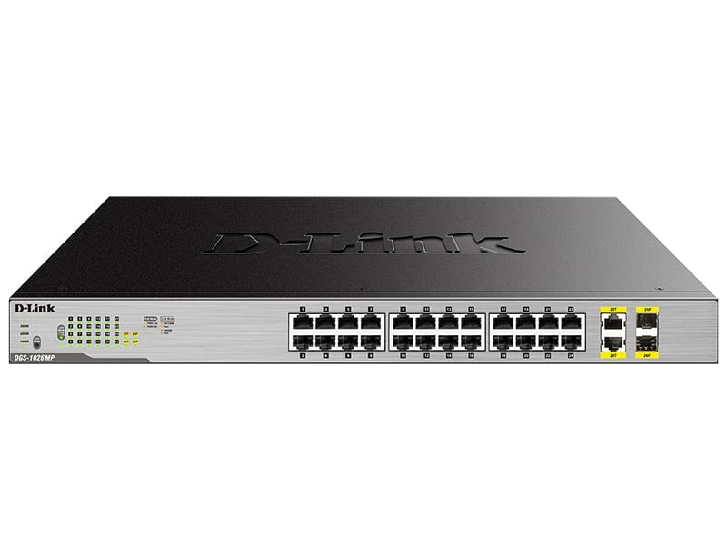 Коммутатор D-Link DGS-1026MP/B2A, 24×1GbE PoE, 2×Combo GbE/SFP, PoE 370Вт, 1U