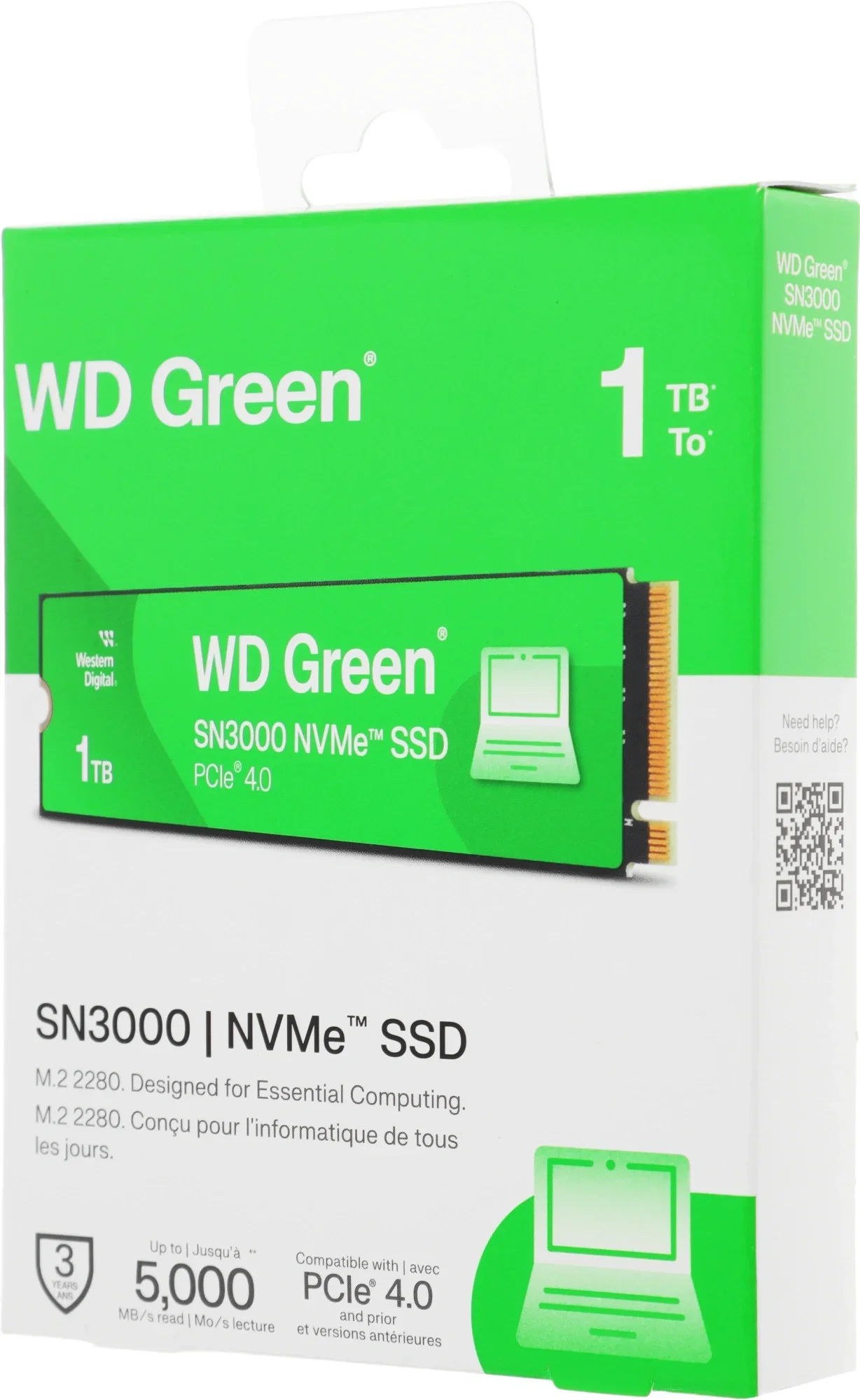 Диск SSD Western Digital - Green SN3000, для ноутбука, M.2 2280, 1 ТБ, PCIe 4.0 NVMe x4, speed write-4200МБ/с read-5000МБ/с, QLC, WDS100T4G0E