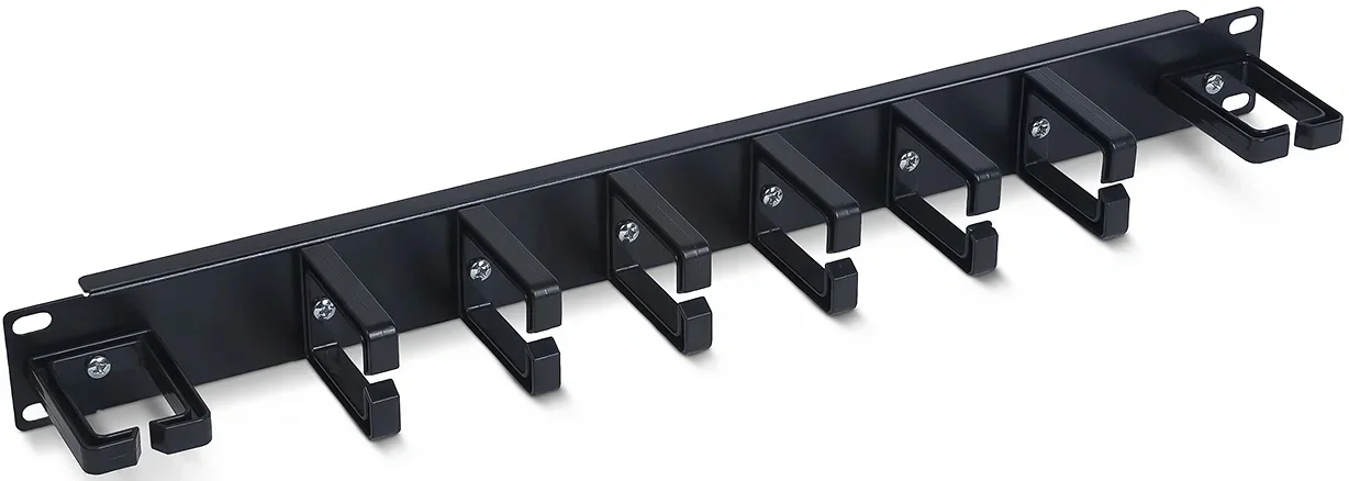 JB08-1U-PR-BK Организатор коммутационных шнуров Cabeus 19" 1HU 44х430 мм (ВхШ) кольцевого типа 8 колец для шкафов цвет: чёрный (П-тип пластик)