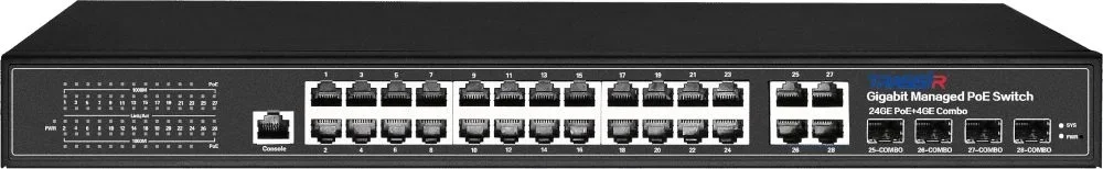 Коммутатор 28-портовый Trassir TR-NS24284C-400-24POE (L2), 24x1Гбит/с PoE, 4xКомбо(1000BASE-T/SFP), 400W, PoE