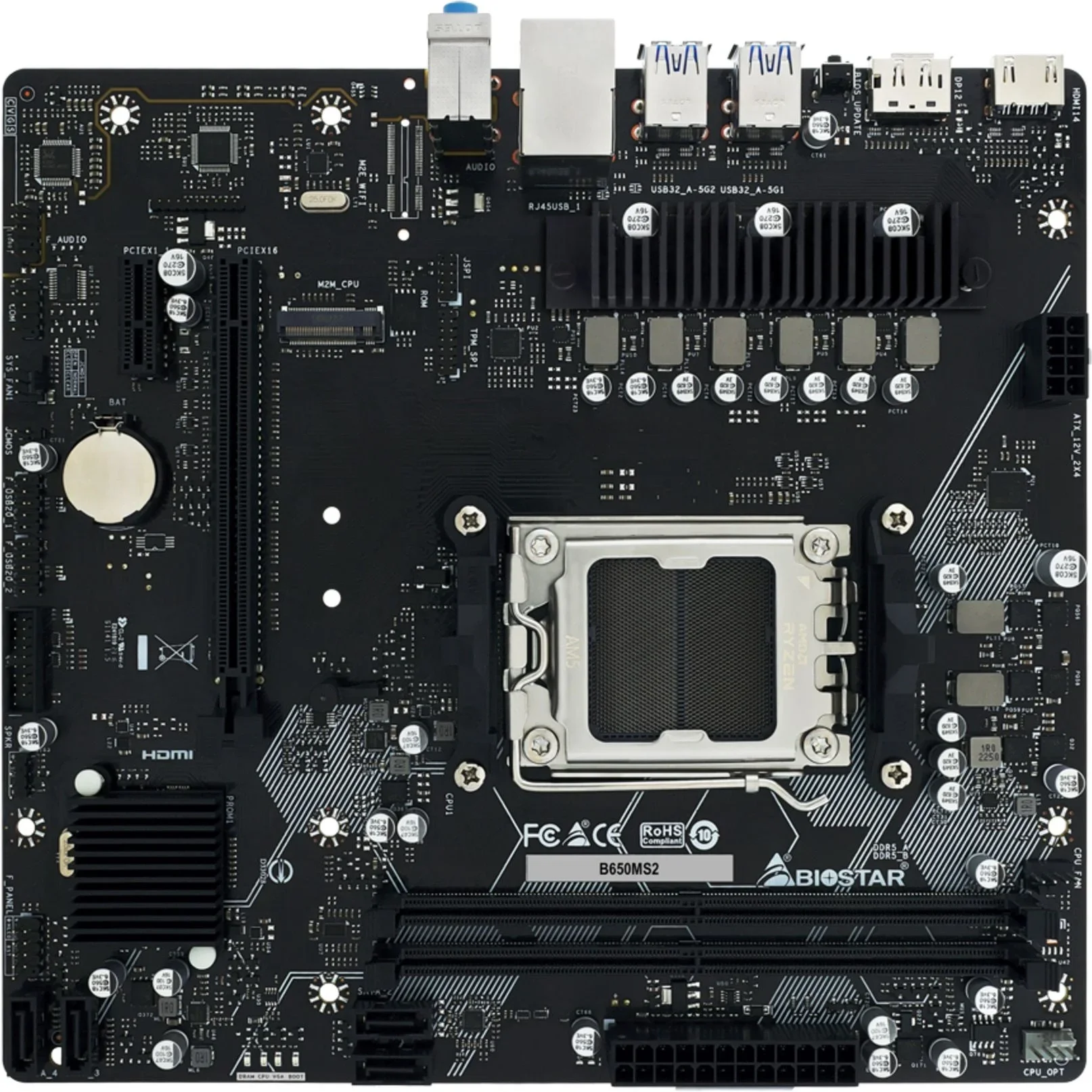 B650MS2-E Материнская плата Biostar  SocketAM5 AMD B650 2xDDR5 mATX AC`97  8ch(7.1) 2.5Gg RAID+HDMI+DP