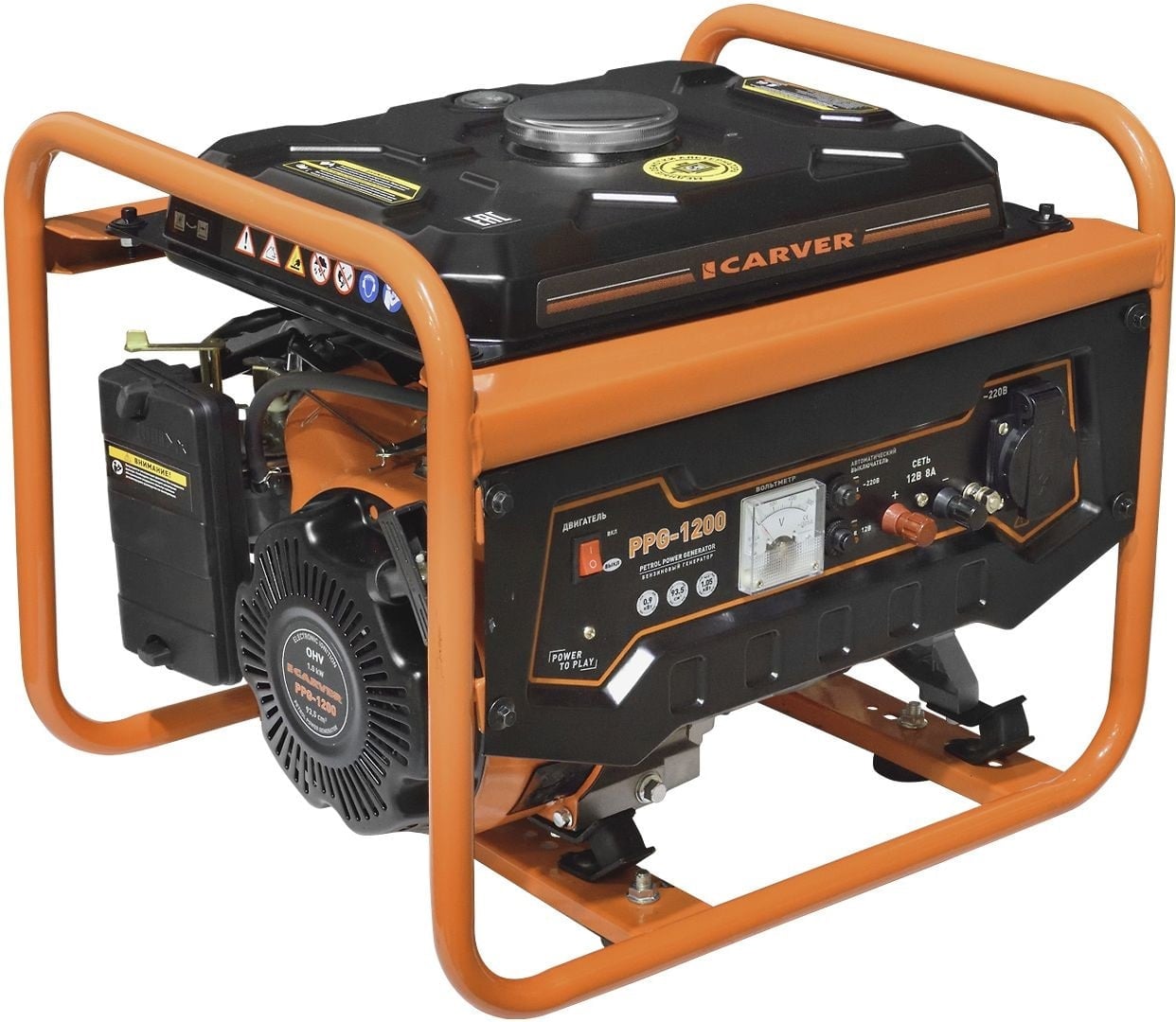 Генератор CARVER PPG- 1200 бензин [01.020.00002] { (LT-156F, 0,9/1,05кВт, 220В, бак 6 л, обмотка медь)(30шт/пал) }