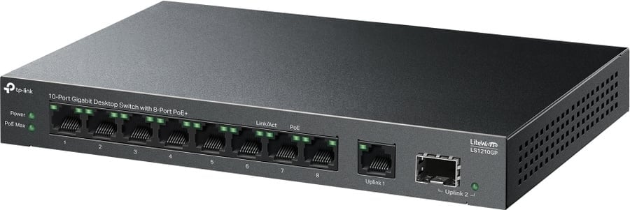 Коммутатор TP-Link LS1210GP, 9×1GbE, 8×PoE+ 61 Вт, 1×SFP, настольный