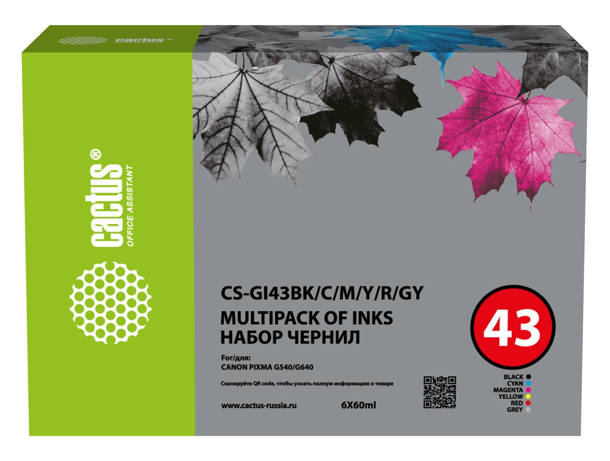 Набор чернил Cactus CS-GI43BK/C/M/Y/R/GY, для Canon Pixma G640/G540, голубой/пурпурный/желтый/черный, 6x60 мл