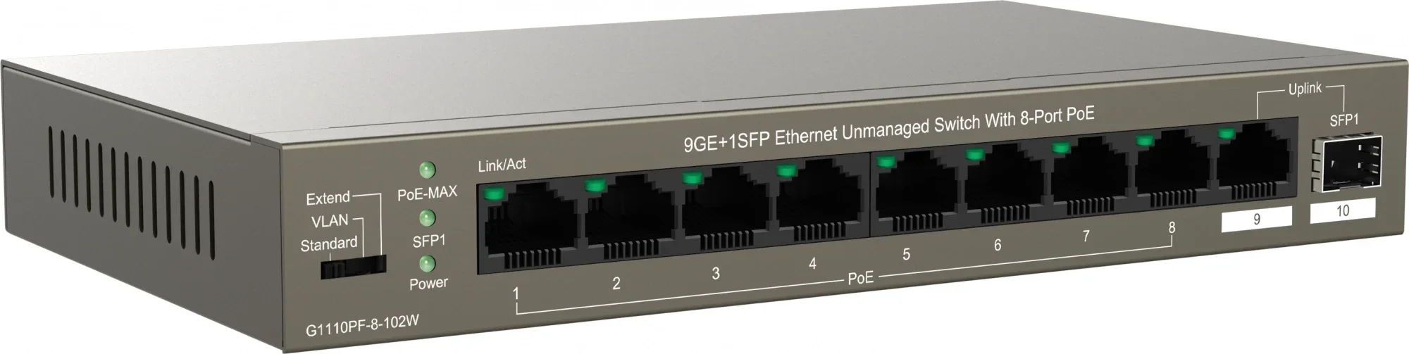 Коммутатор IP-COM G1110PF-8-102W, 8×10/100 PoE, 2×1GbE, настольный