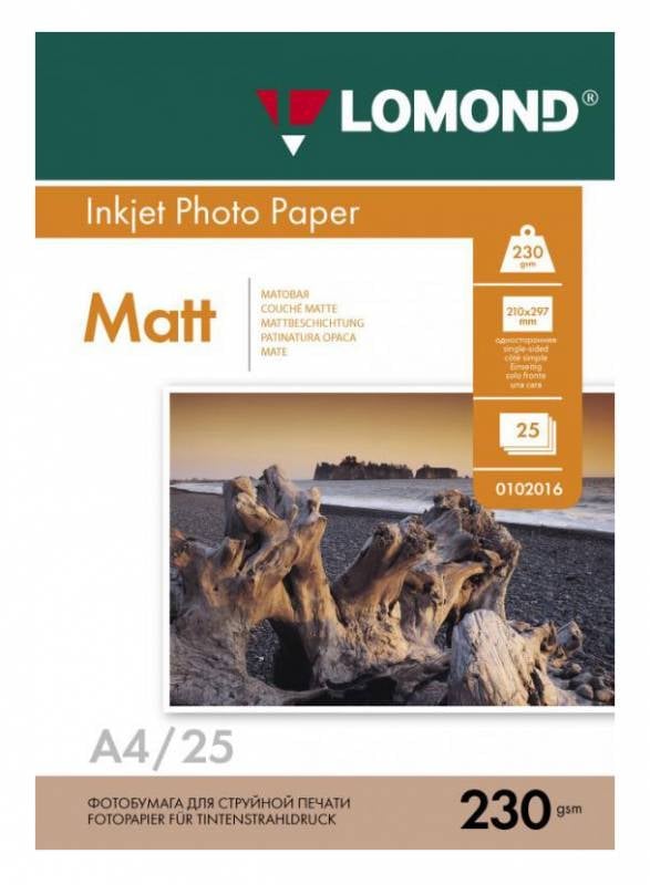 Фотобумага LOMOND Одностороння Матовая, 230г/м2,A4 (21X29,7см)/25л. для струйной печати.