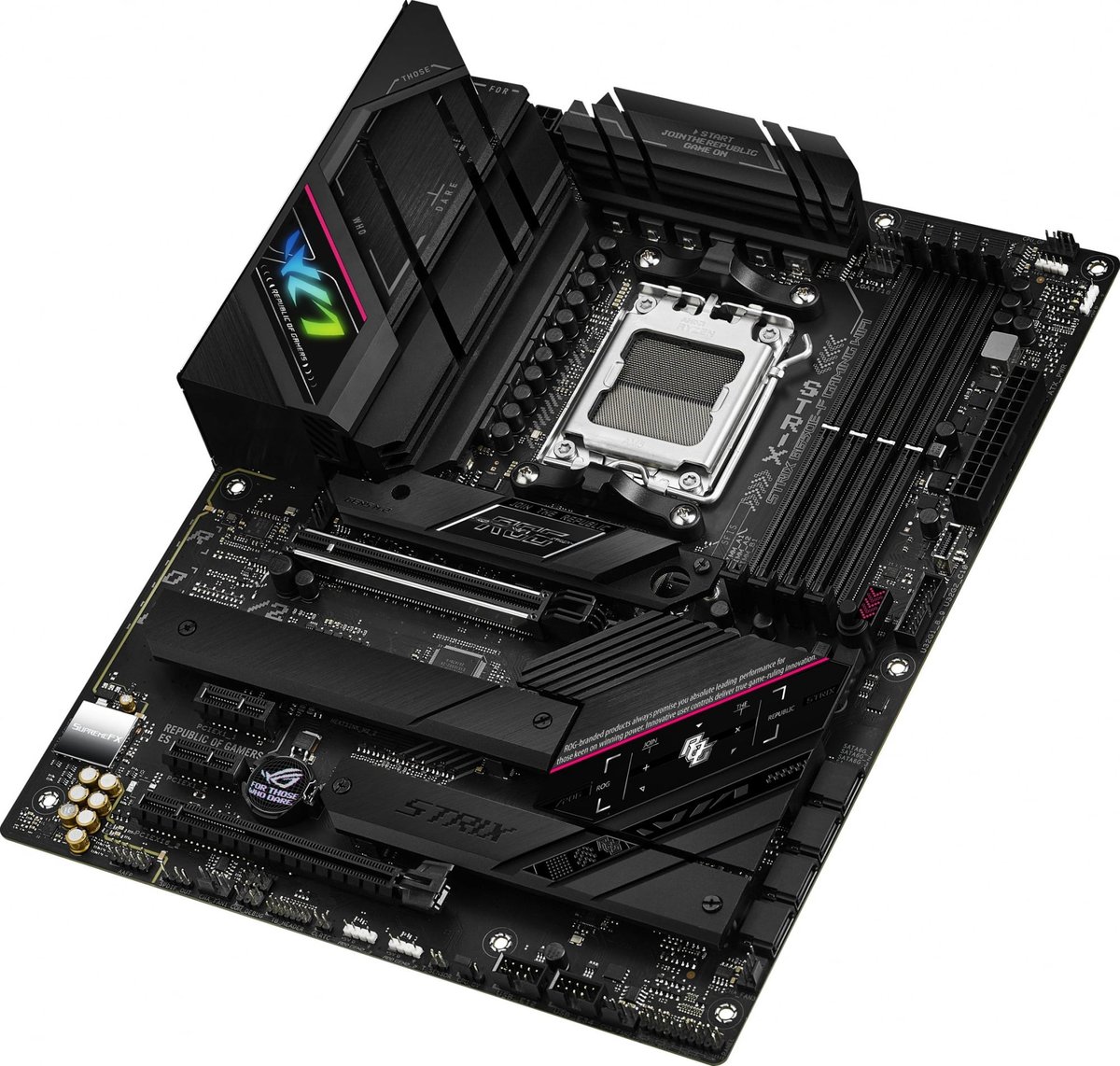 ASUS ROG STRIX B650E-F (Socket AM5, ATX, 4xDDR5(128GB), DP/HDMI, 1xPCIe 5.0x16/1xPCIe 4.0x16, 2xPCIe 4.0, 1xLAN (2.5GbE), Wi-Fi 6E, BT, 4xSATA 6Gb/s, 3xM.2, 2xType-C, 6xUSB 3.2, 4xUSB 2.0)