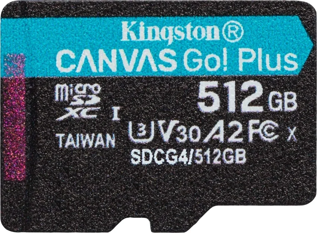 Карта памяти Kingston - Canvas Go! Plus, microSDXC, write speed 160Mb/s, read speed 200Mb/s, UHS-I Class 3, V30, A2, Class 10, 512GB, SDCG4/512GBSP