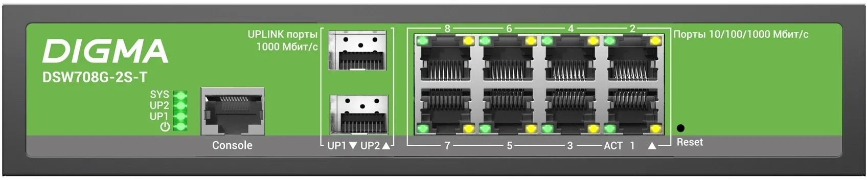 Коммутатор Digma DSW708G-2S-T (L2+) 8x1Гбит/с 2SFP управляемый
