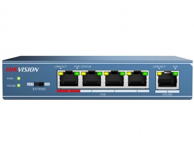 DS-3E0105P-E(B) - Коммутатор, Hikvision, DS-3E0105P-E(B), Неуправляемый, 4 x 10/100 Mbps, РоЕ 802.3af/at 60W, 1 x 10/100 Mbps RJ45, Настольный, Long Range Ports 1 to 4: up to 300 m.
