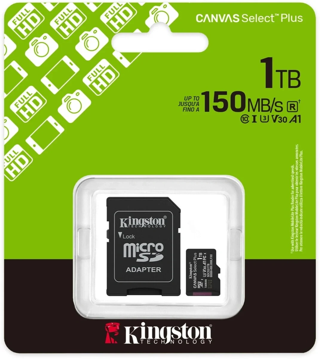 Карта памяти Micro SDXC 1TB Kingston Canvas Select Plus UHS-I U3 Class 10 SDCS3/1TB с переходником SD