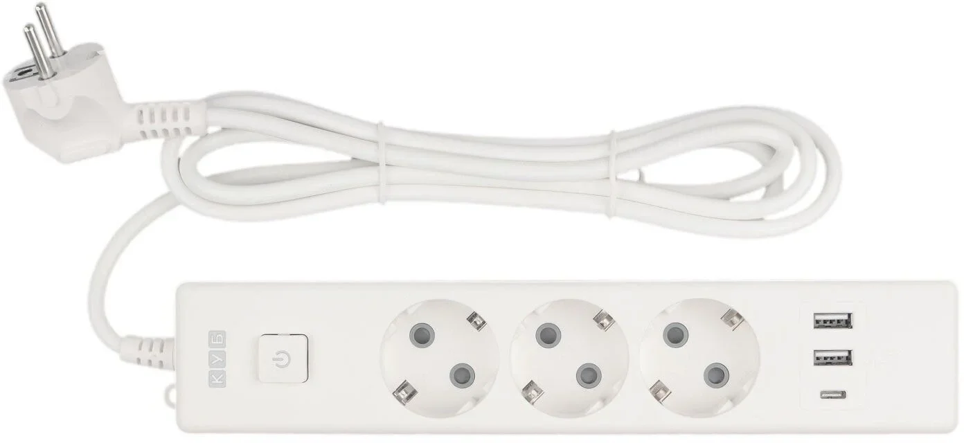 Сетевой фильтр PowerCube PC-5-2M, 3 розетки, USB (2×Type-A, 1×Type-C), 20 Вт, 1.9 м