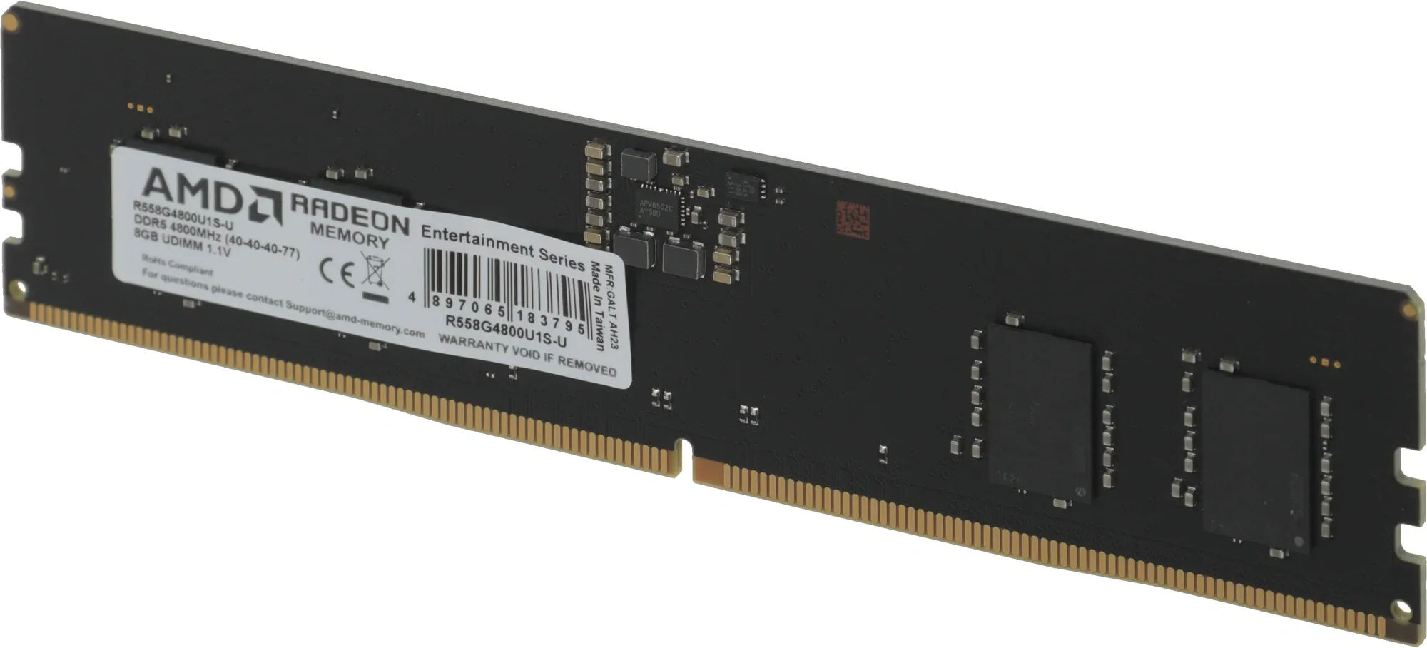 Оперативная память 8Gb AMD Radeon R5 Entertainment Series Black Gaming Memory R558G4800U1S-U, DDR5, DIMM, 4800MHz, Non-ECC, CL40, 1.1V, RTL