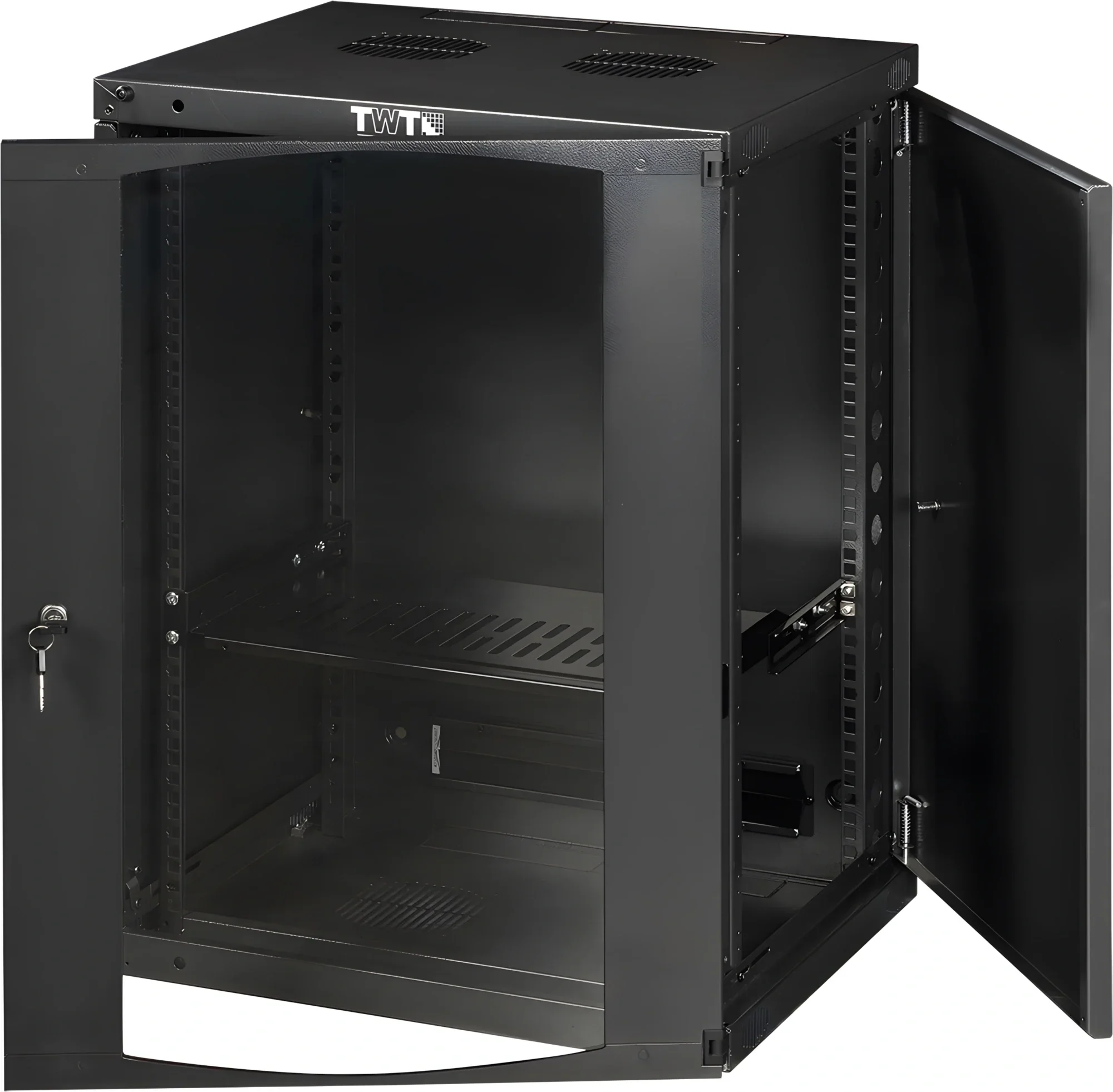 Настенный шкаф LANMASTER - TWT Next, 9U, глубина-450 мм, ширина-550 мм, стеклянная дверь, съемные стенки, max-60кг, полезная глубина-350мм, IP20, цвет чёрный, TWT-CBWNG-9U-6X4-BK