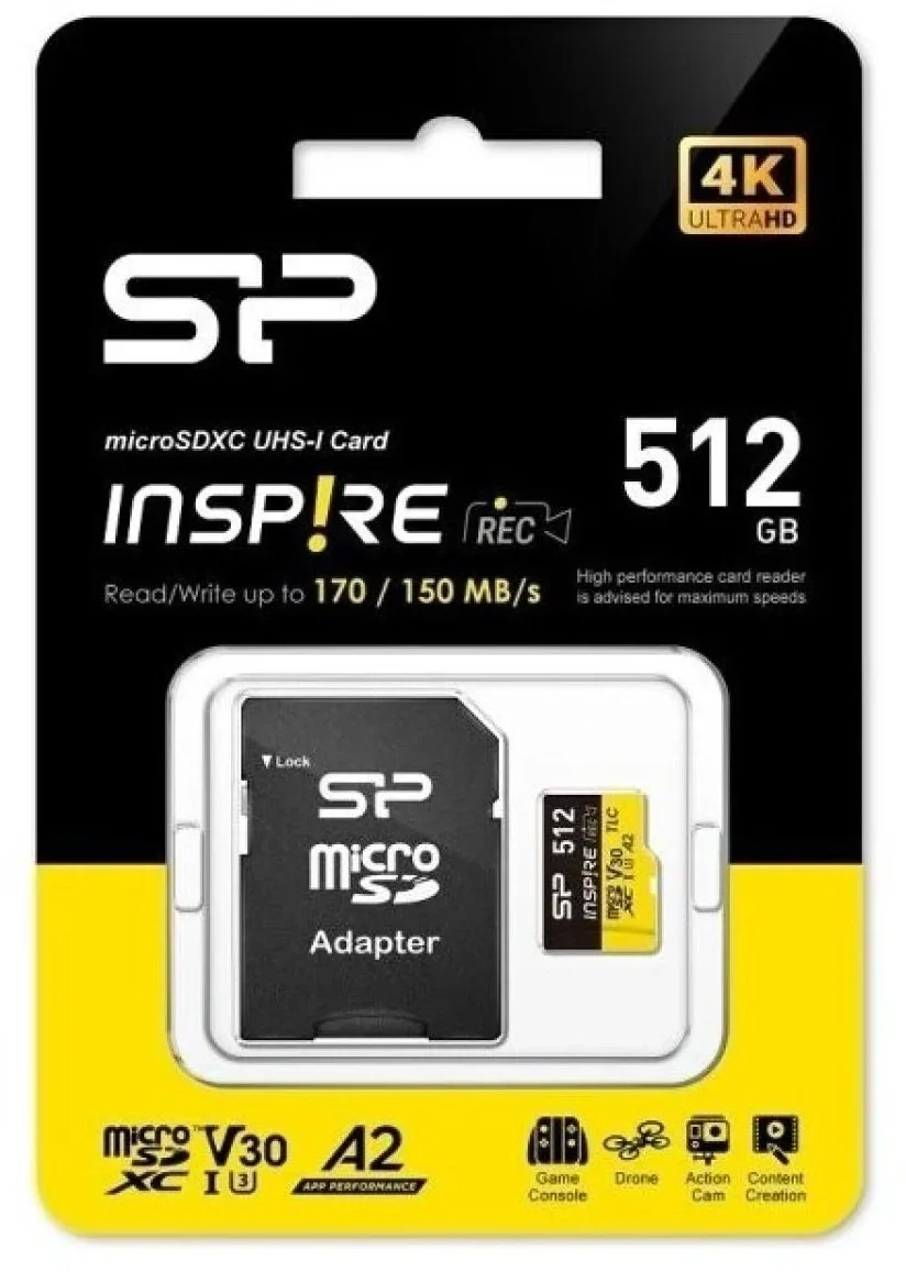 Флеш карта microSDXC 512GB Silicon Power SP512GBSTXLA2V1NSP Inspire V10  A2 + adapter
