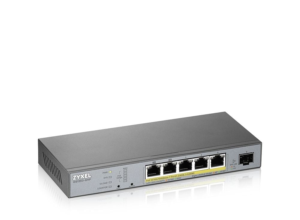 Коммутатор/ ZYXEL GS1350-6HP L2 PoE + switch for ZYXEL GS1350-6HP IP cameras, 4xGE PoE +, 1xGE PoE++ (802.3bt), 1xSFP, PoE budget 60 W, power transmission distance up to 250 m, auto-reloading of PoE ports, increased overvoltage and electrostatic protection