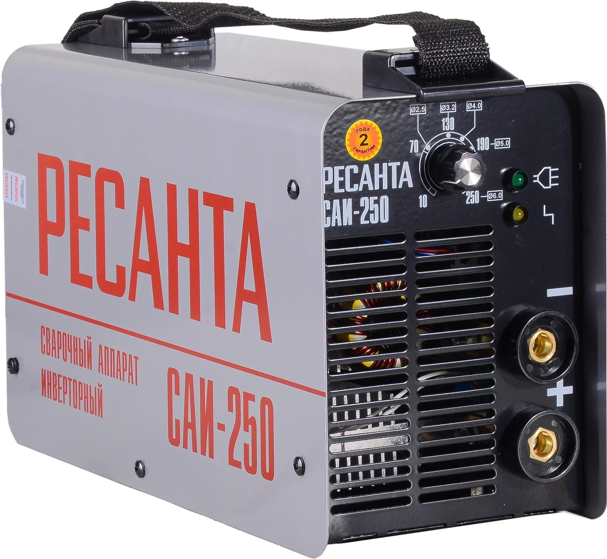 Ресанта САИ 250 65/6 Сварочный аппарат инверторный [65/6] {154В-242В, макс.7,7кВт, 10А-250А, ПВ 70%, напр. холостого хода 80В, напр. 29В, макс. диаметр электрода 6,мм, 5 кг} 4606059015659