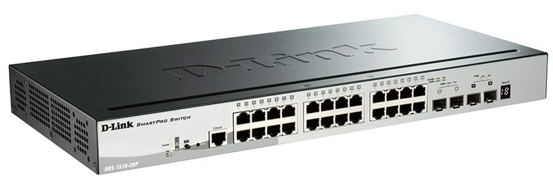Коммутатор D-Link DGS-1510-28P/A1A, PROJ L2+ Smart Switch with 24 10/100/1000Base-T ports and 2 1000Base-X SFP ports and 2 10GBase-X SFP+ ports (24 PoE ports 802.3af/802.3at (30 W), PoE Budget 193W).16K Mac add