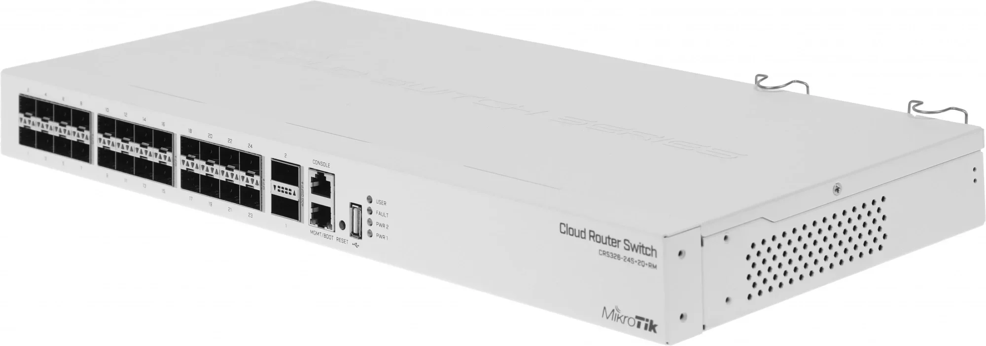 Коммутатор MikroTik Cloud Router Switch 326-24S+2Q+RM with 2 x 40G QSFP+ cages, 24 10G SFP+ cages, 1x LAN port for management, RouterOS L5 or SwitchOS (dual boot), 1U rackmount enclosure, Dual redundant PSU