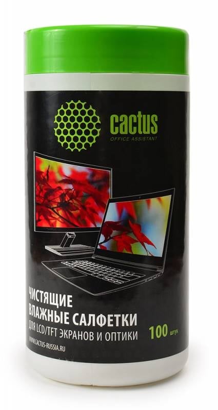 Cactus (CS-T1001) Влажные чистящие салфетки в пластиковой тубе для LCD  экранов  и оптики  (100шт)