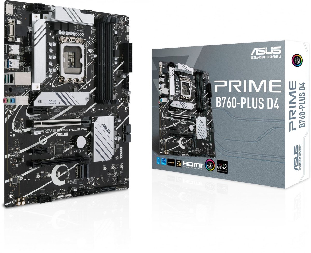 Материнская плата Asus - PRIME B760-PLUS D4, ATX, Intel B760, 1xLGA 1700, 4xDDR4 до 128ГБ, 1x2.5GbE, audio, M.2, VGA, HDMI, DP, 4xSATA, 2xUSB2.0, 3xUSB3.2, 1xUSB3.2 Type C, PRIME B760-PLUS D4