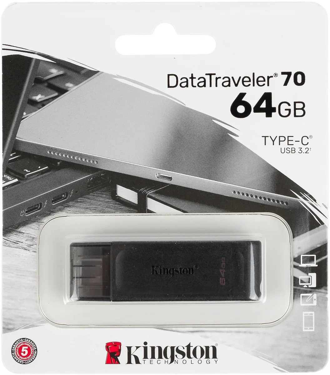 USB накопитель Kingston - DataTraveler 70, USB Type C (USB 3.2 Gen 1), 64 ГБ, цвет чёрный, DT70/64GB