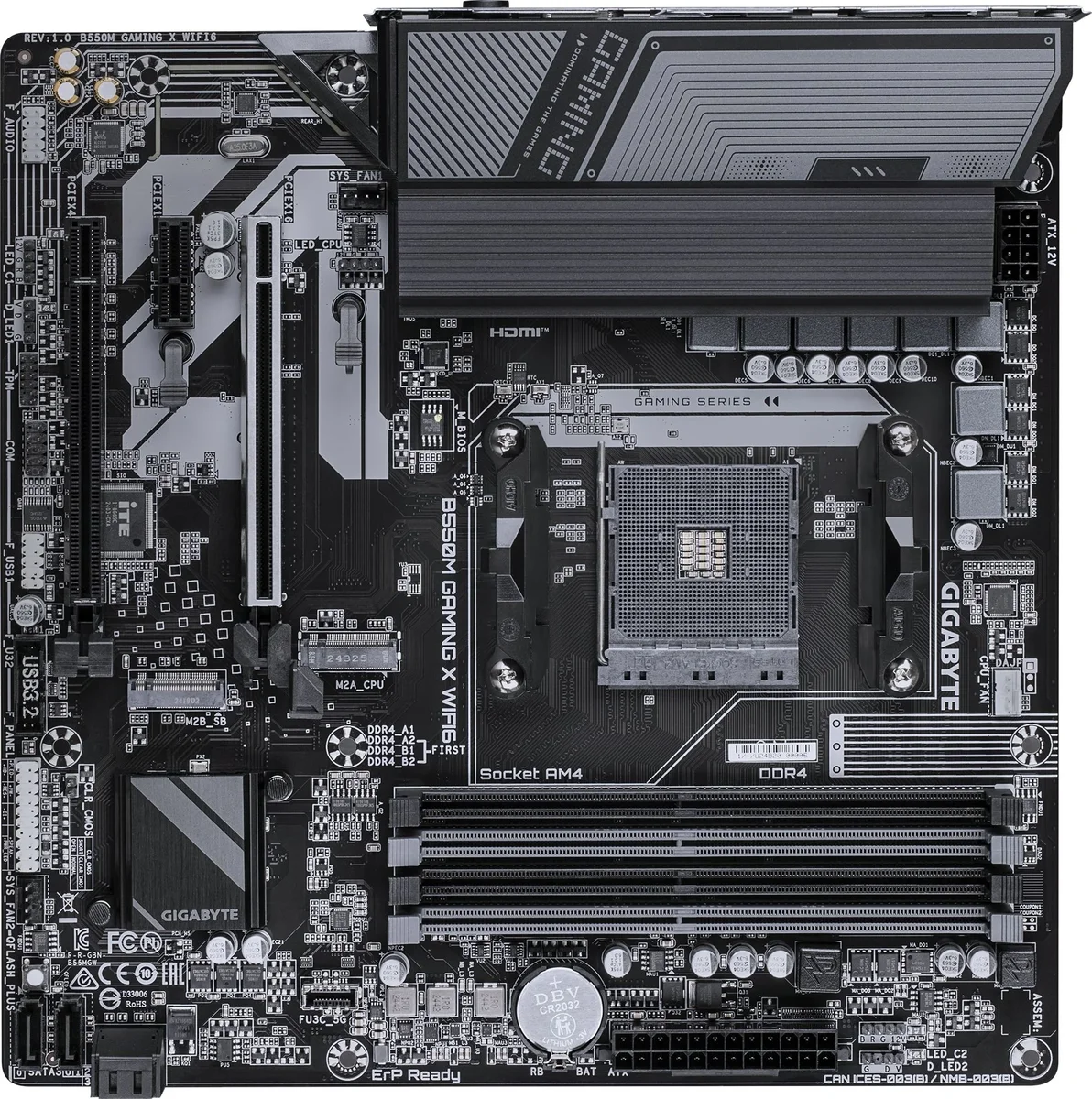 Материнская плата Gigabyte B550M GAMING X WIFI6, Socket AM4, AMD B550, 4xDDR4-3200, HDMI+DP, 2xPCI-Ex16, 1xPCI-Ex1, 4xSATA3(RAID 0/1/10), 2xM.2, 8 Ch Audio, GLan, WIFI, (2+2)xUSB2.0, (4+2)xUSB3.2, (0+1)xUSB3.2 Type-C™, 1xPS/2, mATX, RTL bp (B550M GAMING X WIFI6 плохая упаковка)