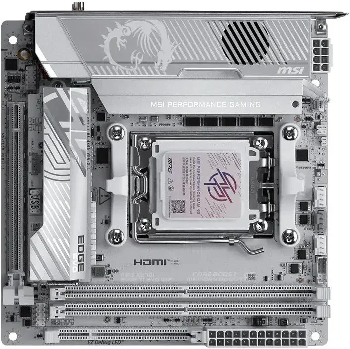 Материнская плата MSI MPG X870I EDGE TI EVO WIFI, AM5, AMD X870, 2xDDR5 (до 128 ГБ), 2xSATA, 3xM.2 (1xPCIe 5.0, 2xPCIe 4.0), 1xPCIe 5.0 x16, 1xHDMI, 1x5Gb LAN, Wi-Fi 7, Bluetooth 5.4, 2xUSB-C 40Gbps (USB4), 1xUSB-C 10Gbps, 5xUSB-A 10Gbps, 3x3.5 мм + S/PDIF оптический, 7.1, белый/серебристый, Mini-ITX