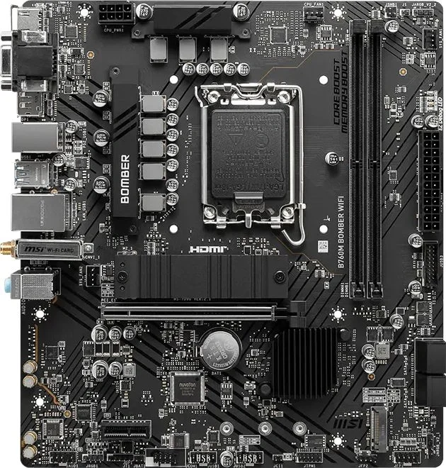 Материнская плата MSI B760M BOMBER WIFI, LGA 1700, Intel B760, 2xDDR5, 4xSATA, 2xM.2, 1xPCIe 4.0 x16, 1xPCIe x1, 1xVGA, 1xHDMI, 1xDP, 1x2.5Gb LAN, Wi-Fi 6E, Bluetooth 5.3, 4xUSB-A 5Gbps, 2xUSB-A 2.0, 1xPS/2, 3x3.5 мм, 7.1, чёрный, mATX