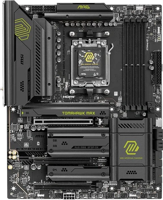Материнская плата MSI MAG B850 TOMAHAWK WIFI, AM5, AMD B850, 4xDDR5, 4xSATA, 3xM.2, 1xPCIe 5.0 x16, 1xPCIe 4.0 x16, 1xPCIe x1, 1xHDMI, 1xDP, 1x5Gb LAN, Wi-Fi 7, Bluetooth 5.4, 1xUSB-C 20Gbps, 1xUSB-C 10Gbps, 2xUSB-A 10Gbps, 2xUSB-A 5Gbps, 4xUSB-A 2.0, 3x3.5 мм + S/PDIF оптический, 7.1, чёрный, ATX