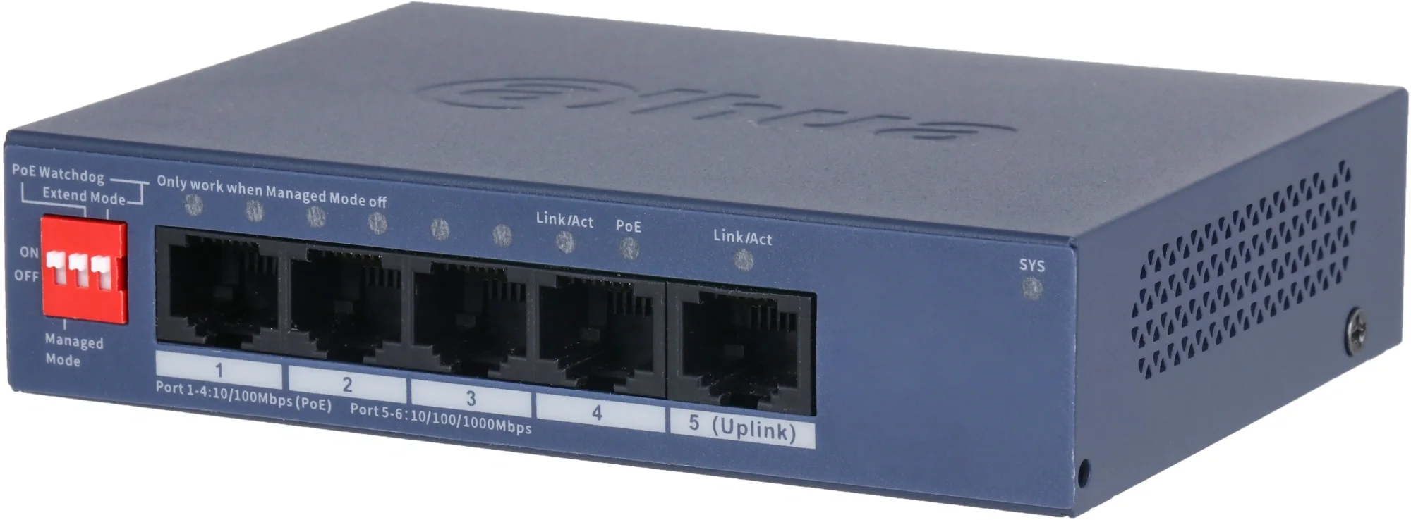 DAHUA DH-CS4005-4ET1GT-36 4-портовый PoE коммутатор управляемый 4 RJ45 10/100Мбит/с (PoE/PoE+), 1 RJ45 10/100/1000Мбит/с (uplink);  до 40Вт