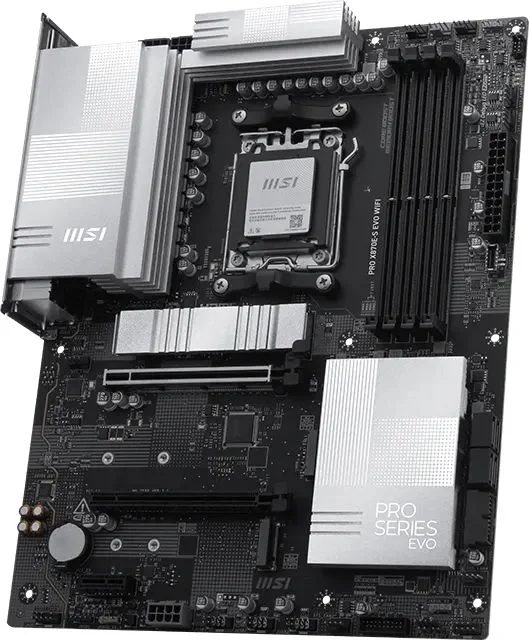 Материнская плата MSI PRO X870E-S EVO WIFI, AM5, AMD X870E, 4xDDR5 (до 256 ГБ), 4xSATA, 3xM.2 (1xPCIe 5.0, 2xPCIe 4.0), 1xPCIe 5.0 x16, 1xPCIe 4.0 x16, 1xPCIe x1, 1xHDMI, 1x5Gb LAN, Wi-Fi 7, Bluetooth 5.4, 1xUSB-C 40Gbps (USB4), 1xUSB-C 20Gbps, 2xUSB-A 10Gbps, 2xUSB-A 5Gbps, 4xUSB-A 2.0, 3x3.5 мм, 7.1, чёрный, ATX