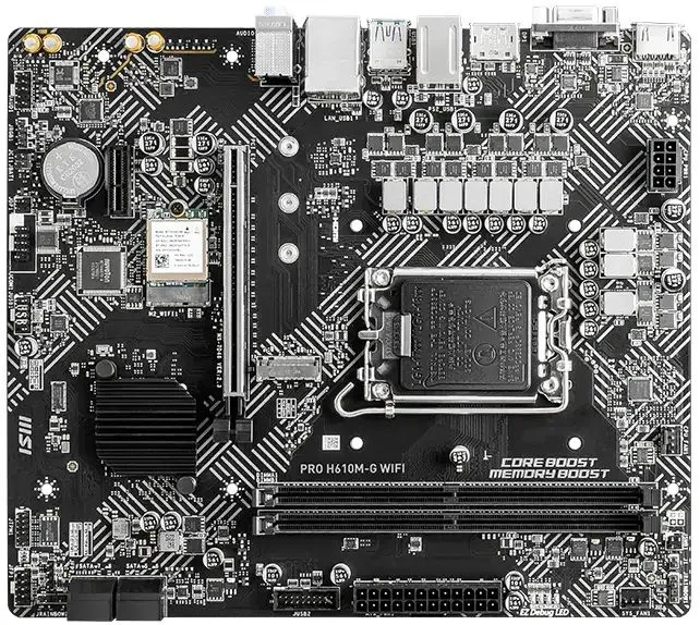 Материнская плата MSI PRO H610M-G WIFI, LGA 1700, Intel H610, 2xDDR5 (до 64 ГБ), 4xSATA, 1xM.2 (PCIe 3.0 x4), 1xPCIe 4.0 x16, 2xPCIe x1, 1xVGA, 1xHDMI, 1xDP, 1x1Gb LAN, Wi-Fi 5, Bluetooth 4.2, 4xUSB-A 5Gbps, 2xUSB-A 2.0, 1xPS/2, 3x3.5 мм, 7.1, чёрный, mATX