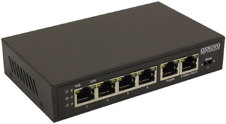 Коммутатор/удлинитель Osnovo, Fast Ethernet c PoE на 6 портов. Порты: 4 х FE (10/100 Base-T) с поддержкой PoE, 1 x FE (10/100 Base-T) Uplink с поддержкой питания по PoE (до 90W), 1 x FE (10/100 Base-T) Uplink. Соответствует стандартам PoE IEEE 802.3af/at. Автоматическое определение PoE устройств. Мощность PoE на порт - до 30W. Поддержка режима CCTV: Увеличение расстояния передачи данных до 250м, изоляция портов. Встроенная грозозащита - 3kV. Питание: По порту FE (10/100 Base-T) Uplink. Размеры (ШхВхГ): 140 x 28 x 80 мм. Рабочая температура: -10...+55 гр. С