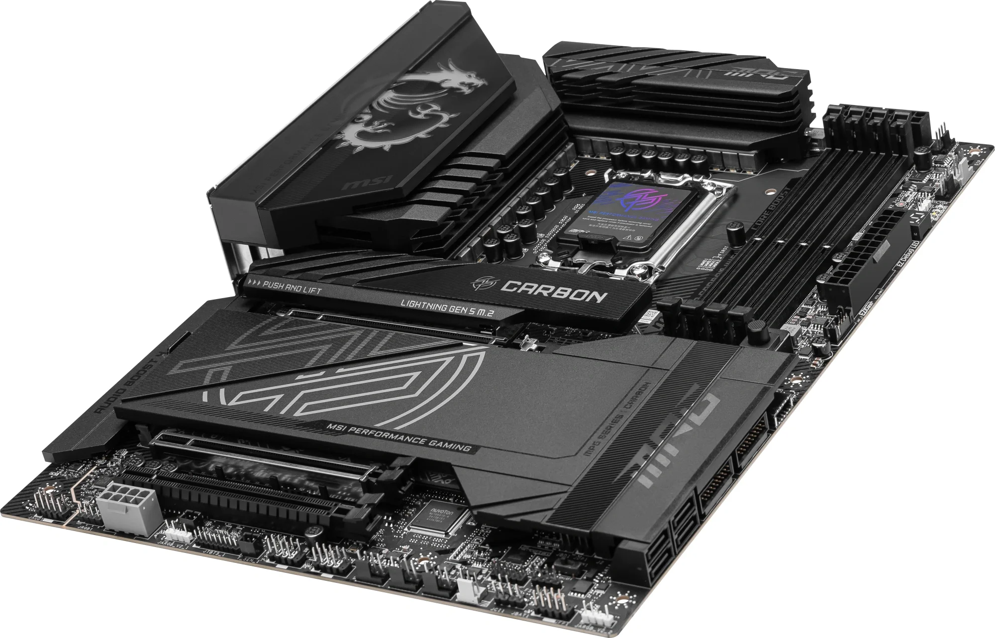 Материнская плата MSI MPG Z890 CARBON WIFI, LGA 1851, Intel Z890, 4xDDR5, 4xSATA, 5xM.2, 1xPCI-E 5.0 x16, 1xPCI-E 5.0 x8, 1xPCI-E 4.0 x4, 1xHDMI, 2xUSB-C Thunderbolt 4, 1xUSB-C 3.2 Gen 2, 10xUSB-A 3.2 Gen 2, 2x 5Gb LAN, 2x3.5 мм, 7.1, ATX