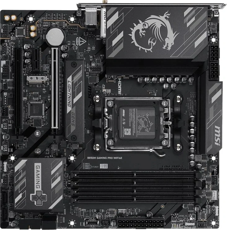 Материнская плата MSI B850M GAMING PRO WIFI6E, AM5, AMD B850, 4xDDR5, 4xSATA, 2xM.2, 2xPCIe 4.0 x16, 1xPCIe x1, 1xHDMI, 1xDP, 1x2.5Gb LAN, Wi-Fi 6E, Bluetooth 5.3, 1xUSB-C 10Gbps, 3xUSB-A 10Gbps, 4xUSB-A 5Gbps, 3x3.5 мм, 7.1, чёрный, mATX