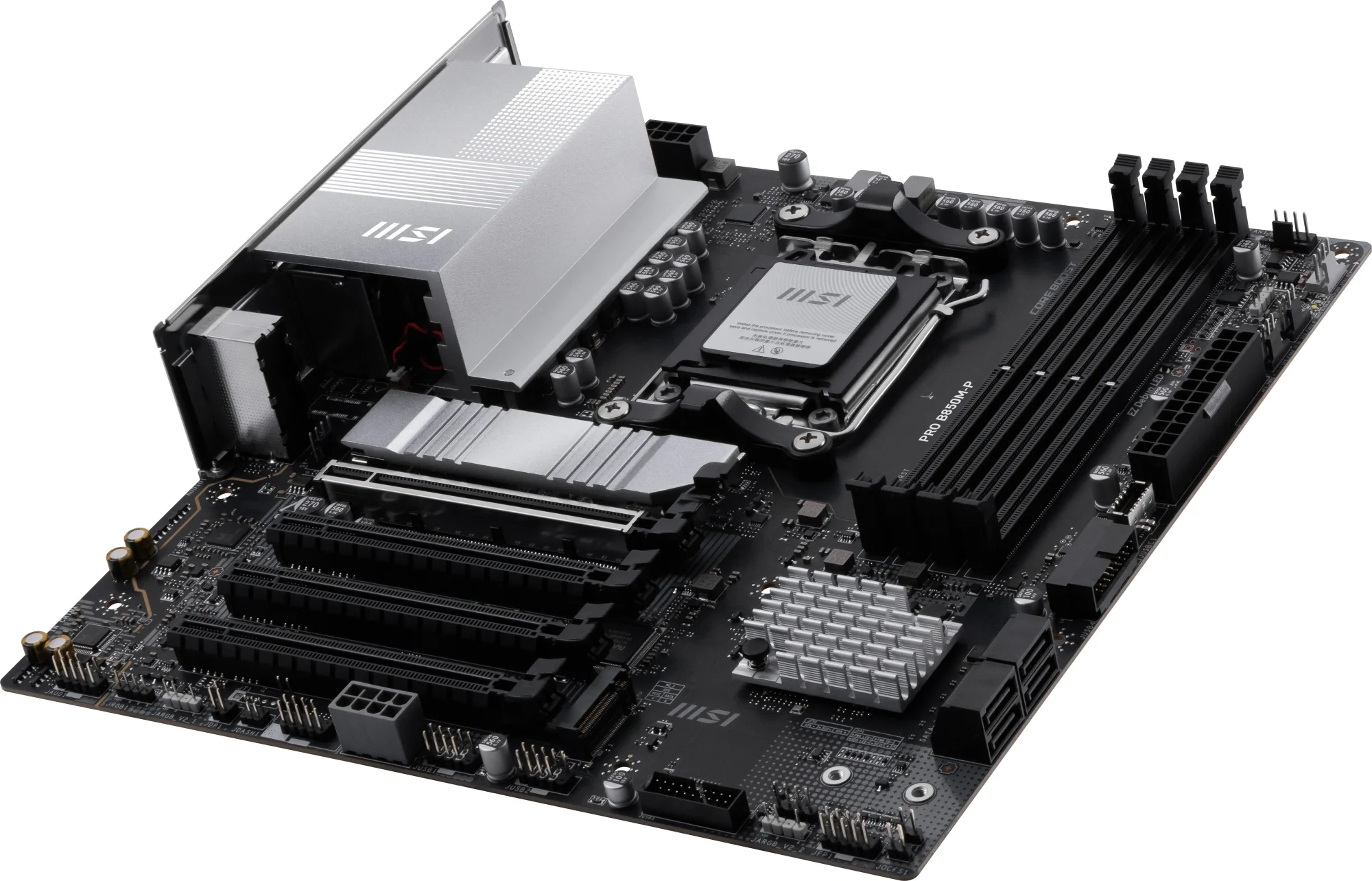 Материнская плата MSI PRO B850M-P, AM5, AMD B850, 4xDDR5, 4xSATA, 3xM.2, 1xPCIe 5.0 x16, 3xPCIe 3.0 x16, 1xHDMI, 1xDP, 1x5Gb LAN, 1xUSB-C 10Gbps, 1xUSB-A 10Gbps, 2xUSB-A 5Gbps, 4xUSB-A 2.0, 3x3.5 мм, 7.1, чёрный, mATX