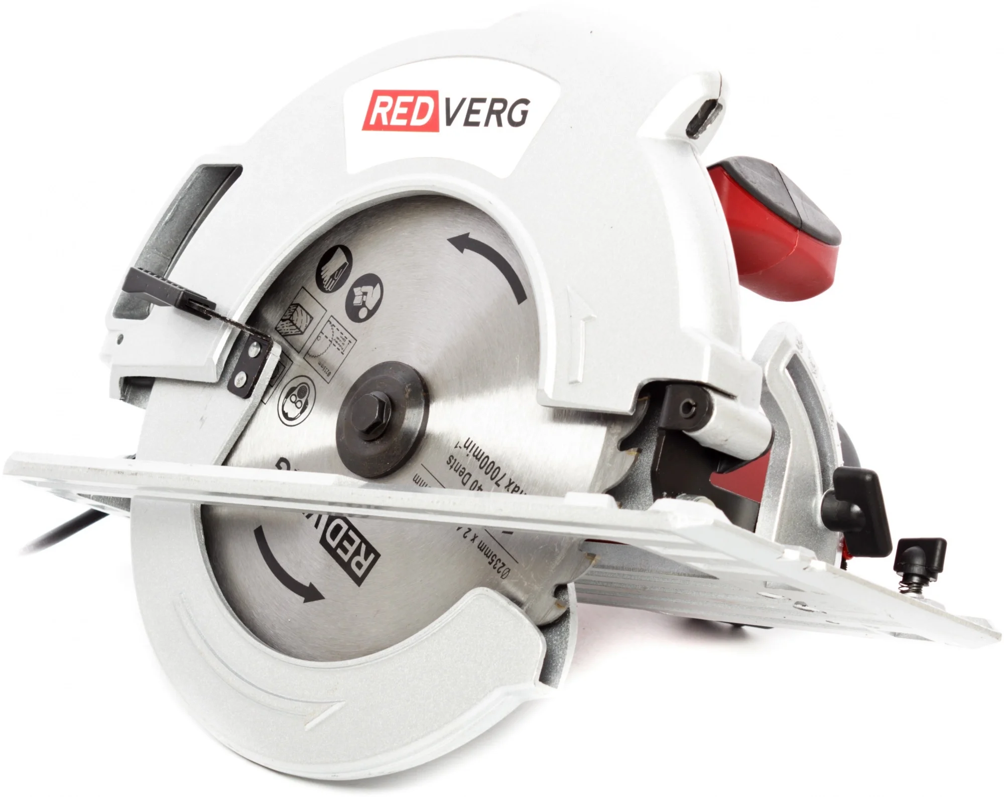 Дисковая пила RedVerg RD-CS220-85. 2200Вт; диск 235/30мм; 4700 об/мин; пропил: при 90"" - 85 мм, при 45"" - 62 мм; алюм подошва