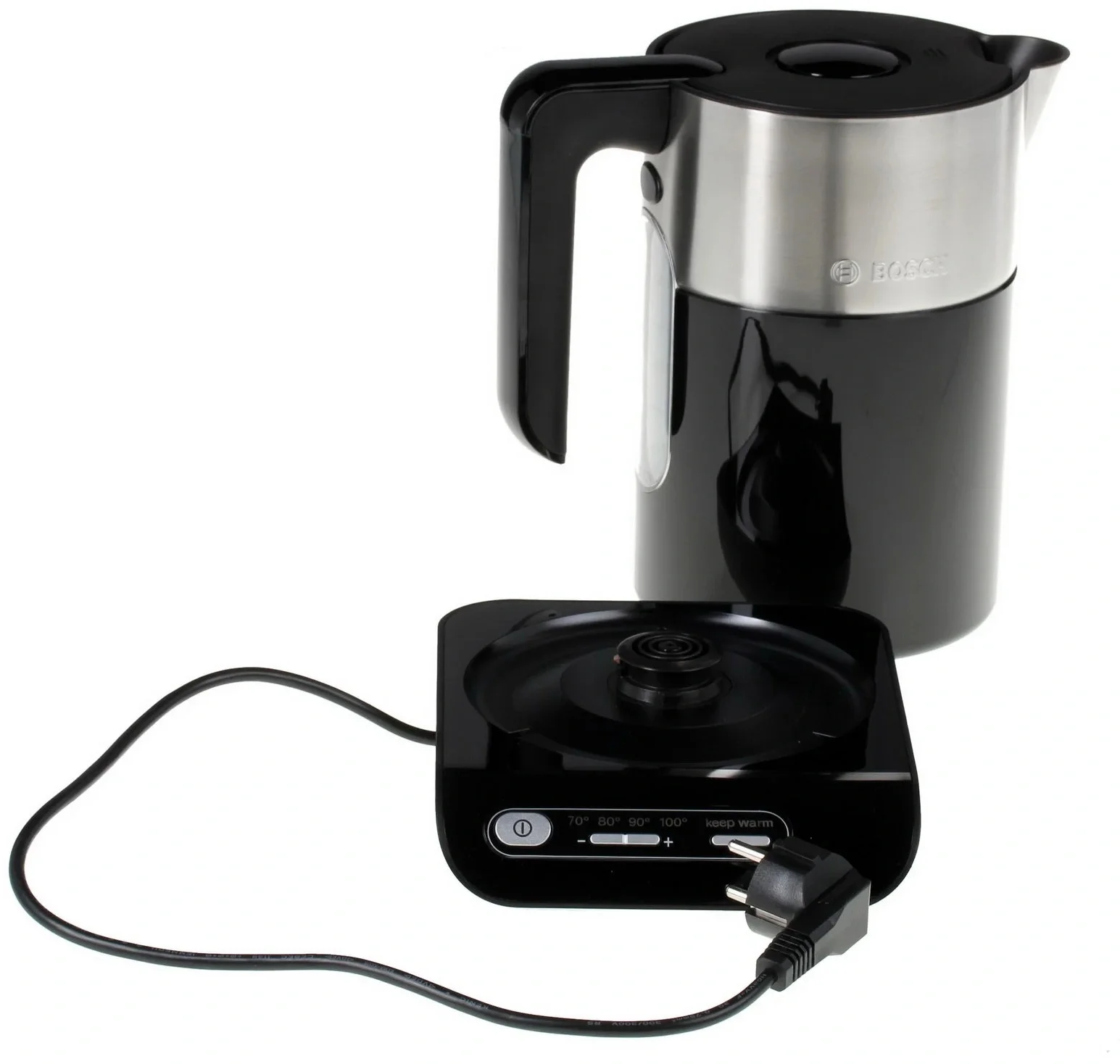 Электрочайник Bosch TWK8613P черный, 1.5 л, 2400 Вт, скрытый нагревательный элемент, поддержание температуры
