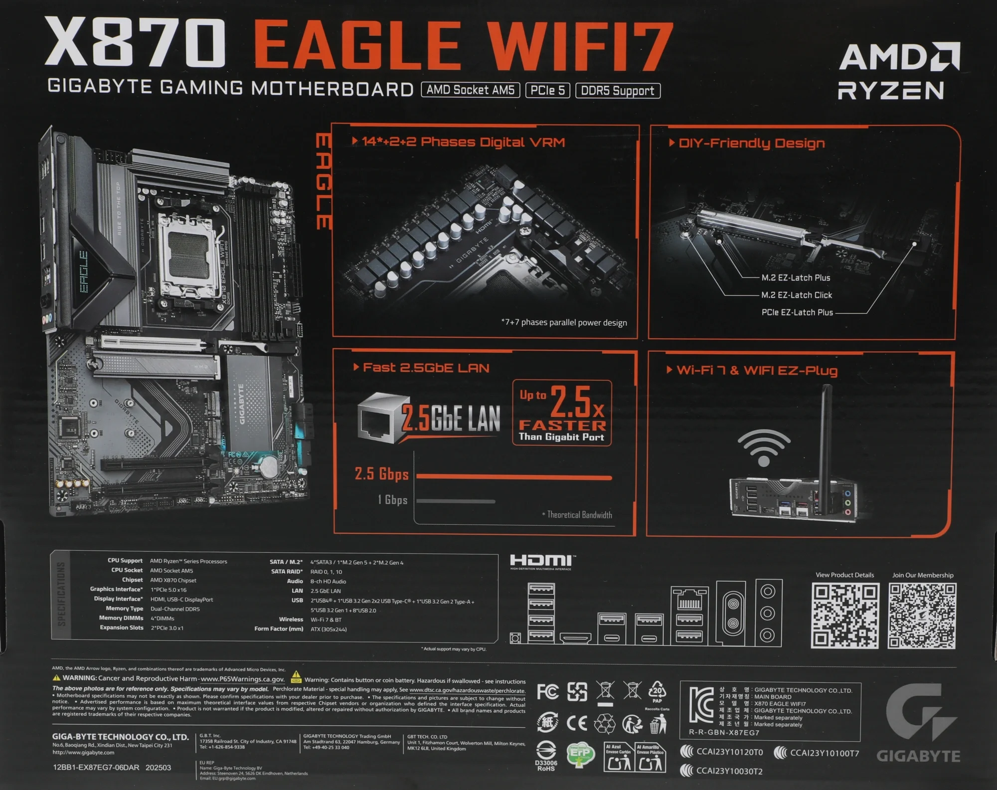 Материнская плата Gigabyte X870 EAGLE WIFI7 Socket AM5 AMD X870 4xDDR5 ATX AC`97 8ch(7.1) 2.5Gg RAID+HDMI