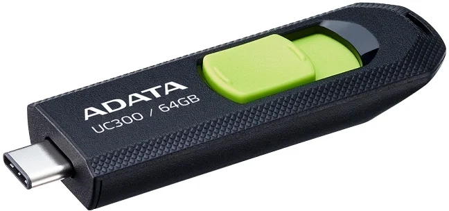 USB накопитель ADATA - UC300, USB Type C (USB 3.2 Gen 1), 64 ГБ, цвет чёрно-зелёный, ACHO-UC300-64G-RBK/GN