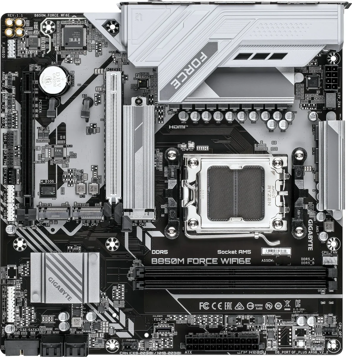 Материнская плата GIGABYTE B850M FORCE WF6E , AM5, B850, 2*DDR5, 4*SATA, 3*M.2, 3*USB 3.2, 2*USB 2.0, Type-C, 2*PCIx16, 1*PCIx1, DP+HDMI, mATX