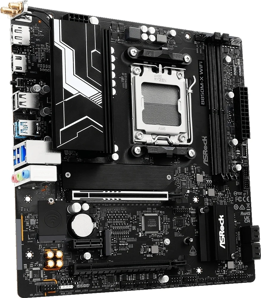 Материнская плата ASROCK B850M-X WIFI R2.0, AM5, AMD B850, 2xDDR5, 4xSATA, 2xM.2, 1xPCIe 5.0 x16, 1xPCIe 4.0 x4, 1xPCIe 3.0 x1, 1xDP, 1xHDMI, 1x2.5Gb LAN, Wi-Fi 6E, BT 5.2, 1xUSB-C 5Gbps, 3xUSB-A 5Gbps, 2xUSB-A 2.0, 3x3.5 мм, 7.1, mATX