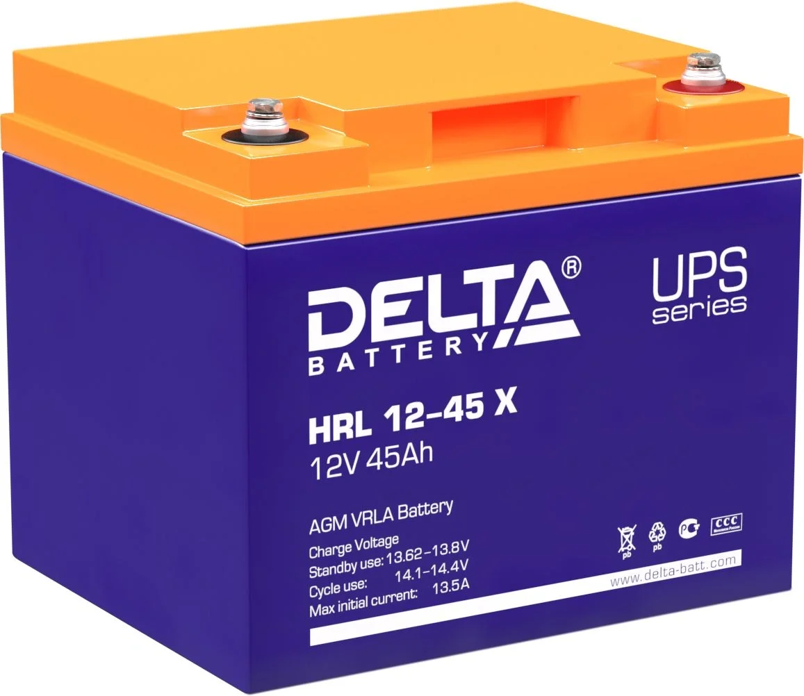Батарея DELTA серия HRL-X, HRL 12-45 X, напряжение 12В, емкость 45Ач (разряд 10 часов),  макс. ток разряда (5 сек.) 450А, макс. ток заряда 13.5А, свинцово-кислотная типа AGM, клеммы под болт М6, ДxШxВ 198х166х170мм., вес 14.8кг., срок службы 12 лет./ Battery DELTA series HRL-X, HRL 12-45 X, voltage 12V, capacity 45Ah (discharge 10 hours), max. discharge current (5 sec.) 450A, max. charge current 13.5A, lead-acid AGM type, M6 bolt terminals, LxWxH 198x166x170mm, weight 14.8kg, service life 12 yea