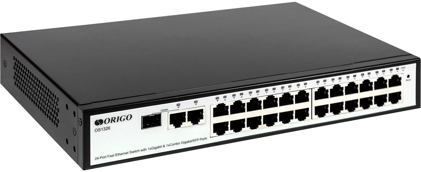 Коммутатор ORIGO OS1326/A1A, L2, 24×100Base-TX, 1×1000Base-T, 1×Combo 1000Base-T/SFP, 1U